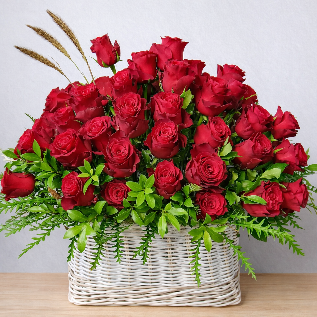 red-rose-wicker-basket Red rose wicker basket